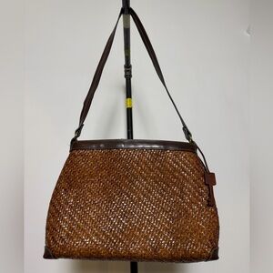 Vintage Fossil Brown Woven Shoulder Bag with Leather Trim & Key Charm